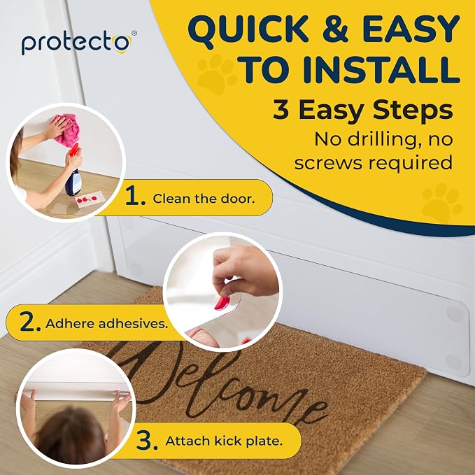 PROTECTO Heavy Duty Door Protector from Dog Scratching, 34x8” Clear Self-Adhesive Door Kick Plate for Bottom of Door, Scratch Protection for Interior & Exterior Doors, Walls, Window & Sliding Doors