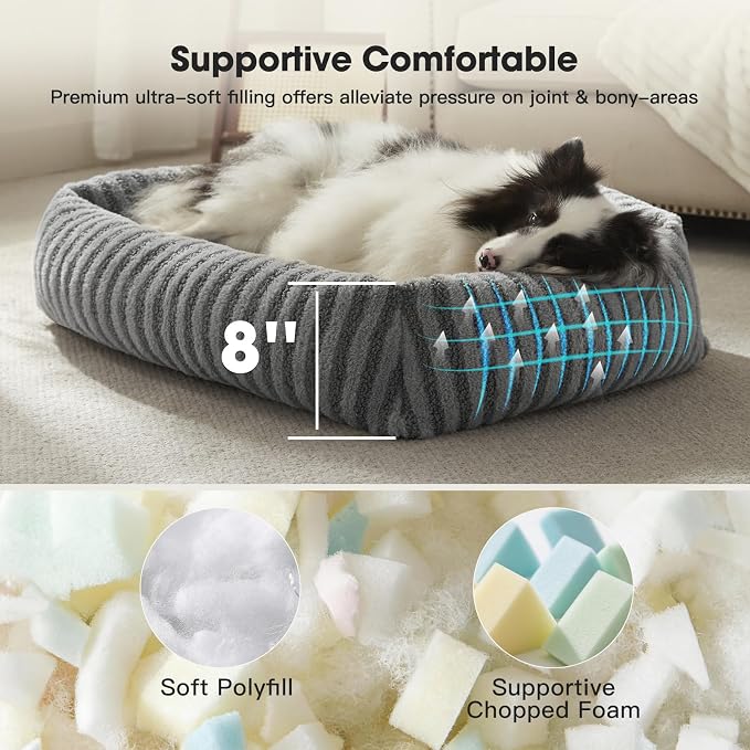 MIXJOY Dog Bed Medium Size Dog, Washable Medium Dogs Bed with Removable Cover, Soft Rectangle Doggy Ded Fluffy Plush Faux Fur Pet Bed with Anti-Slip Bottom, 30"x24"x8", Grey