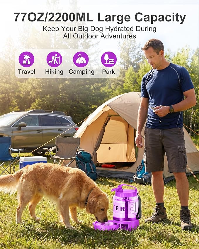 77oz Dog Water Dispenser, 2.2L Large Portable Dog Water Bottle with Pull-Out Drinking Bowl, BPA Free Leak-Proof Pet Travel Water Container for Camping, Hiking, Beach, Car Travel Essentials- Purple