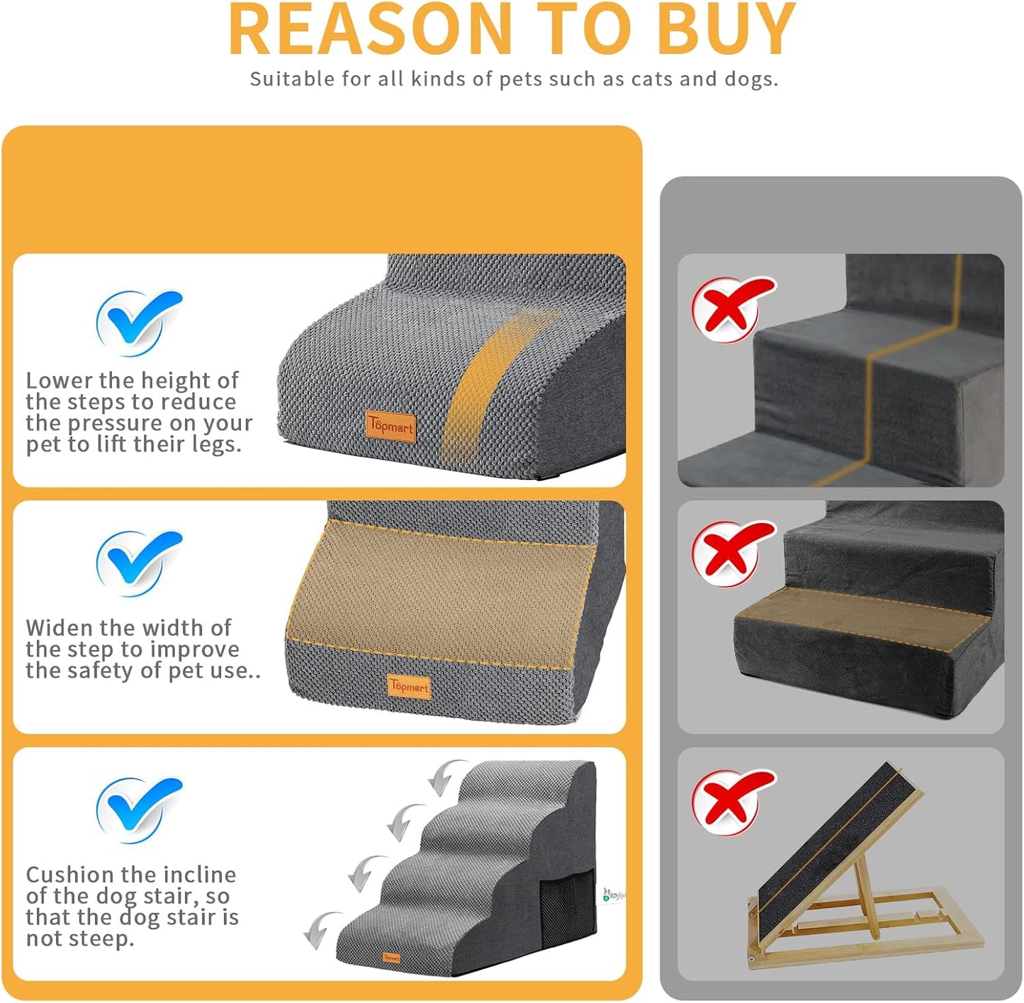 Topmart High Density Foam Dog Steps 4 Tiers,Extra Wide Deep Pet Steps,Non-Slip Dog Stairs Ramp for Bed,Soft Foam Cat Ladder,Best for Older Injured,Older Pets,Cats with Joint Pain