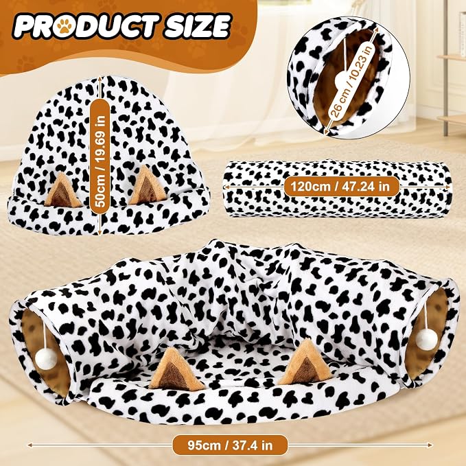 Spardar Bunny Tunnel Bed, 2-in-1 Collapsible Tunnel Tubes Toys, Washable, with Removable Mat Hideout, Interactive Toys for Rabbits Chinchilla Hedgehog Guinea Pigs Kitty, Cow