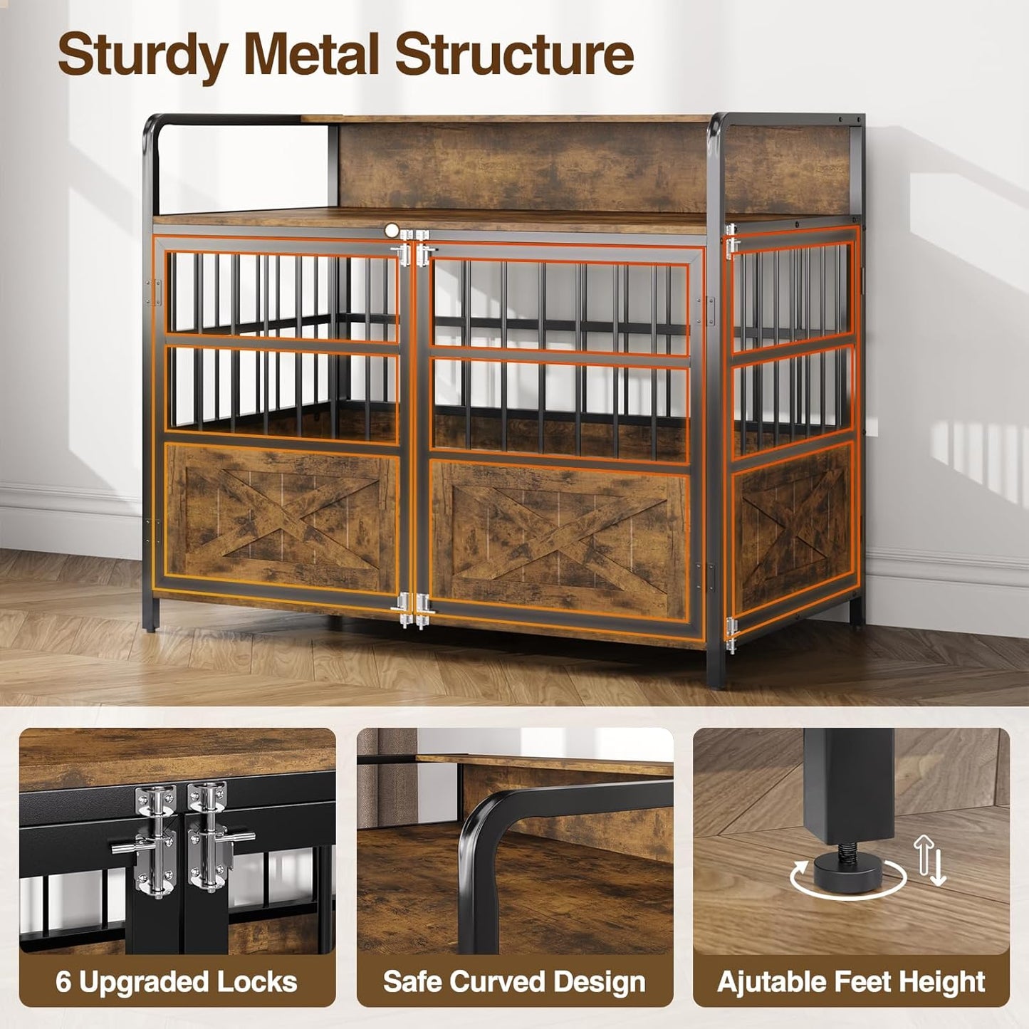 45.3" Dog Crate Furniture for Large Breed, Heavy Duty XL Dog Kennel Indoor with Storage Shelf, Farmhouse Wooden Pet Crate, Chew-Resistant, Brown (45.3" W x 23" D x 39.4" H)