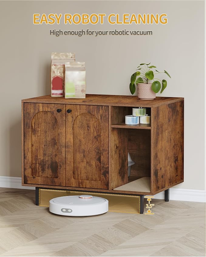 Hzuaneri Cat Litter Box Enclosure Enclosed, Hidden Litter Box Cabinet Furniture with Storage, Wooden Indoor Cat House Large, Modern End Table for Living Room Entryway, Rustic Brown and Black CB01501B