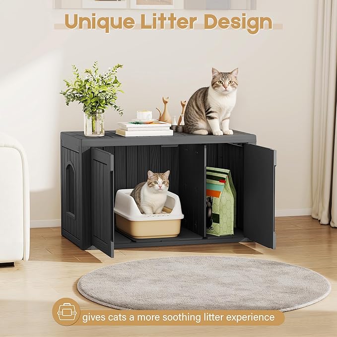 Cat Litter Box Enclosure, Covered Cat Litter Box with Adjustable Partition, Multi-Functional Hidden Enclosed Litter Box Furniture, Easy to Clean & Assemble, Dark Black