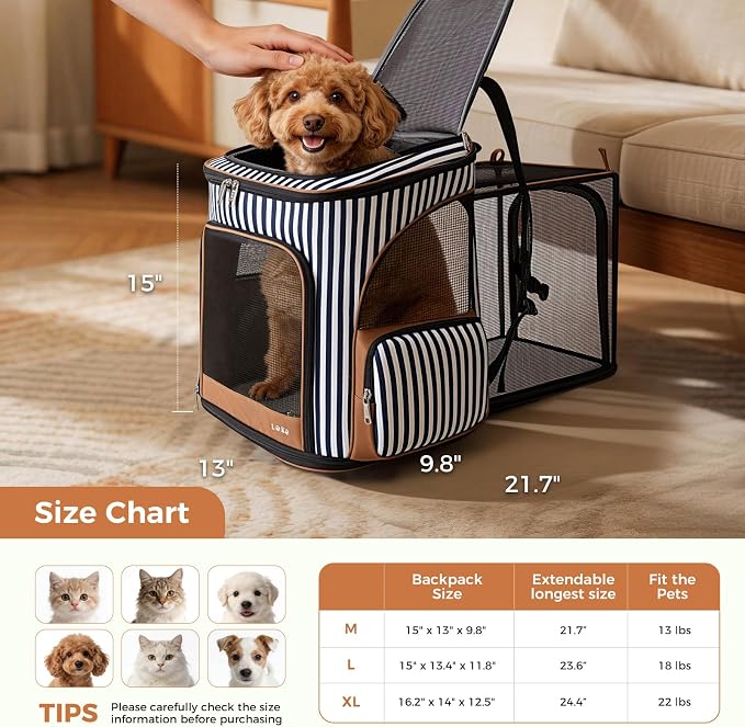 Lekereise Pet Carrier Backpack Expandable Cat Backpack for Small Dogs Cats, Dog Backpack Bag with Breathable Mesh and Inner Safety Leash, Striped