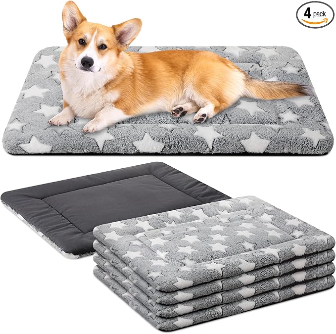 VitalCozy 4 Pcs Dog Crate Pads, Ultra Soft Warm Washable Anti-Slip Kennel Bed Mat for Pets, Reversible, Replaceable, Cage Liner for Small Medium Large Dogs and Cats(28 x 42 x 1.6 Inch,Star,Gray)