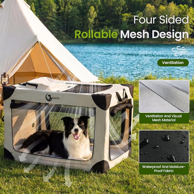 Portable Collapsible Dog Crate for Extra Large Dogs, 4 Mesh Doors & 2 Storage Bags, Indoor Outdoor Travel Dog Kennel, Grey, 42" x 30" x 30"