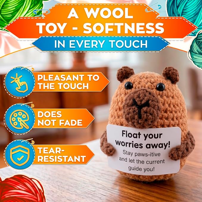 Reluen Crochet Capybara, Float Your Worries Away Handmade Capybara Crochet Figurine with Affirmation Message Card, Desk Decor Gift for Women Men Mom Daughter Sister Coworker Birthday