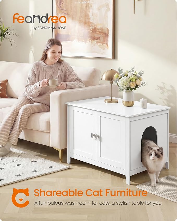 Feandrea Cat Litter Box Enclosure, Modern Hidden Cat Litter Box Furniture, Double Doors, Handles, Indoor Pet House Washroom, Living Room Side End Table, Cloud White UPCL015WB01