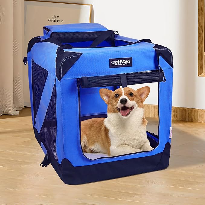 JESPET 30'' Soft Pet Crates Kennel, 3 Door Soft Sided Folding Travel Pet Carrier with Straps and Fleece Mat for Dogs, Cats, Indoor/Outdoor Use with Black