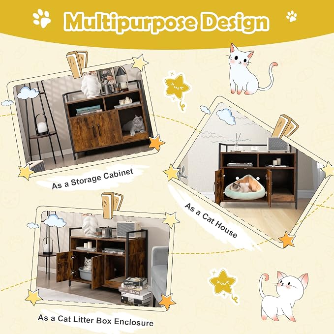 Tangkula Litter Box Enclosure, Cat Litter Box Furniture Hidden w/Metal Frame, Scratching Board, Storage Compartment, Wooden Cat Washroom, Indoor Cat House Side Table, Cat Box Cabinet (Rustic Brown)