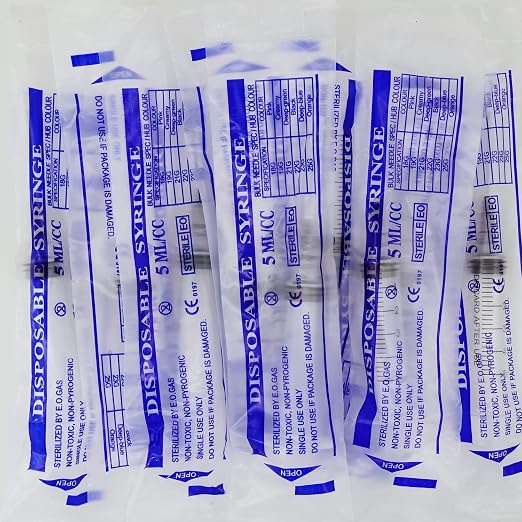 100 Pack 5ml 22Ga Plastic Syringe with Measurement for Scientific Labs and Industrial Dispensing, Disposable Individually Wrapped (100, 5ml-22Ga)