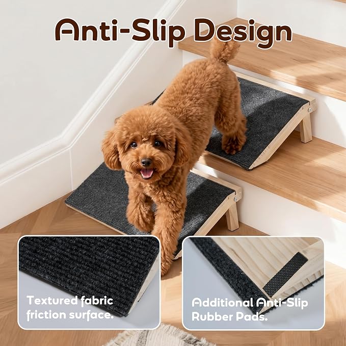 2 Pack Non-Slip Wooden Pet Ramp for Small Dogs, Gentle Slope Stair Ramp for Puppies, Senior Pets & Cats, Easy to Use Indoor Pet Access Ramp
