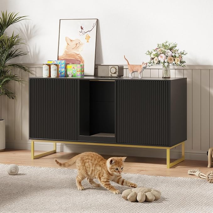 Kitty Litter Box Enclosure for 2 Cats, Small Hidden Cat Litter Box Furniture with Scratch Pad, Modern Fluted Double Litterbox Cabinet TV Stand for Kittens, Black