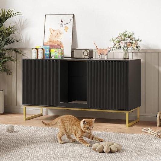 Kitty Litter Box Enclosure for 2 Cats, Small Hidden Cat Litter Box Furniture with Scratch Pad, Modern Fluted Double Litterbox Cabinet TV Stand for Kittens, Black