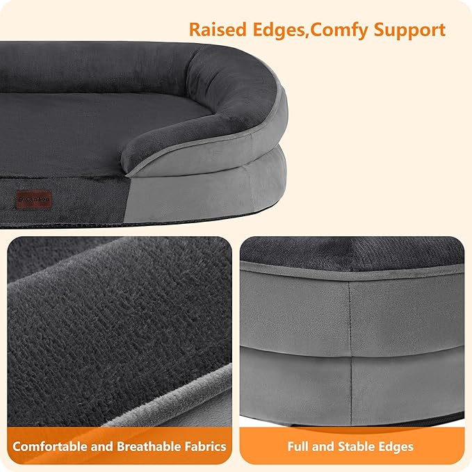 Dwanton Orthopedic Dog Bed for Extra Large Dogs with Gel Memory Foam, Waterproof Dog Sofa, Washable Pet Bed with Four Sided Bolster Cushion, Removable Cover & Non-Slip Bottom, 45", Dark Grey
