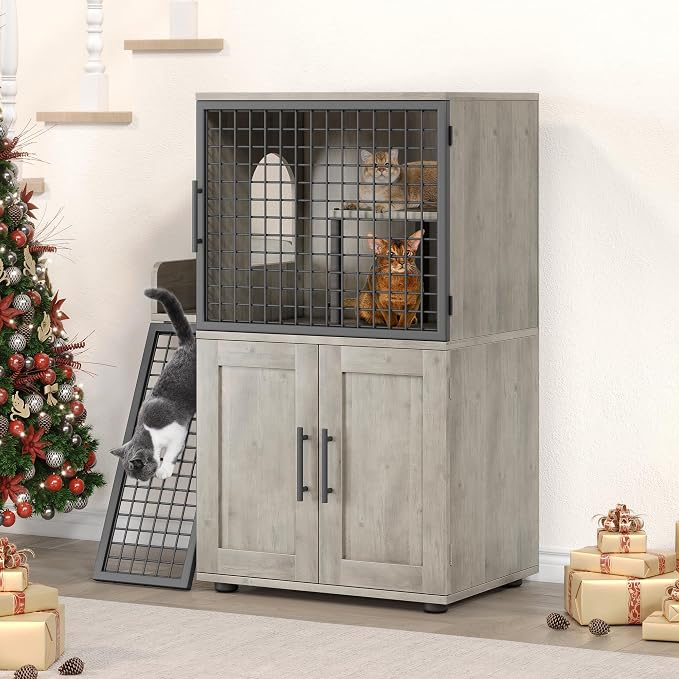 Cat Litter Box Enclosure Furniture with Double Layer Design, Hidden Litter Box & Lounge Villa for Indoor Cats - Includes Ladder, Platform, and Washroom Space for Living Room, Gray