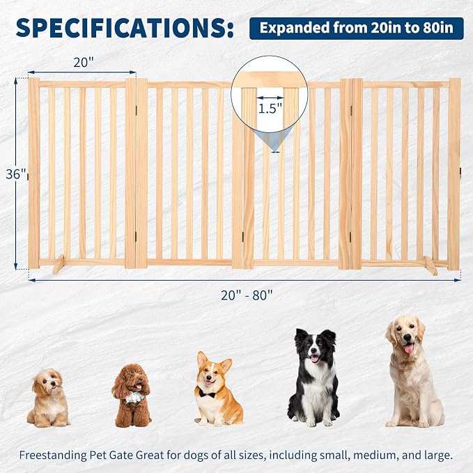 Wooden Freestanding Dog Gate, Foldable Pet Gate with Support Feet, Indoor Dog Fence for The House,Doorways, Stairs，Expandable Pet Fence -4 Panel H:36”