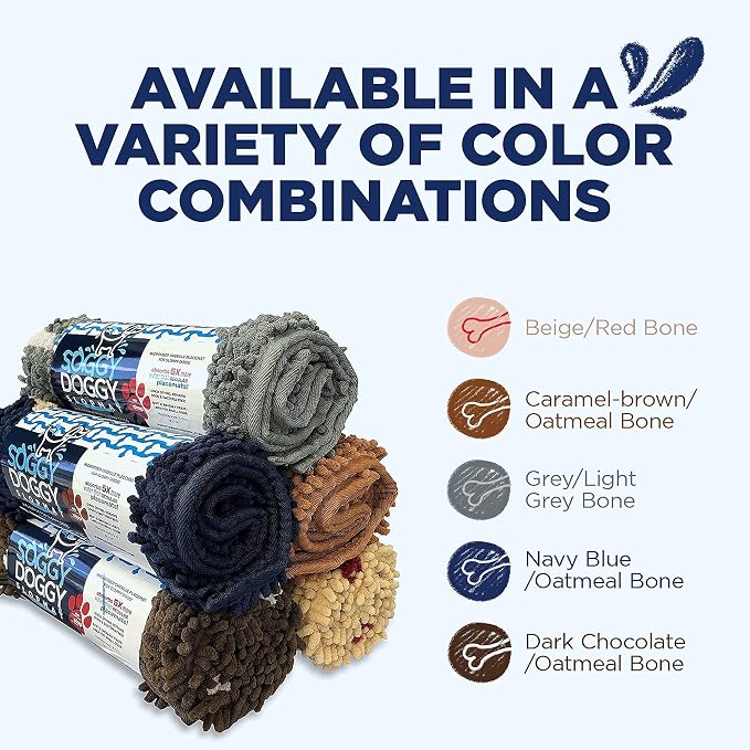 Soggy Doggy Slopmat Dog Food Mat – Absorbent Microfiber Chenille Pet Feeding Mat for Food & Water Bowls, Muddy Paws Small Doormat, Non-Slip, Machine Washable Rug – Navy Blue/Oatmeal Bone, 18” x 24”