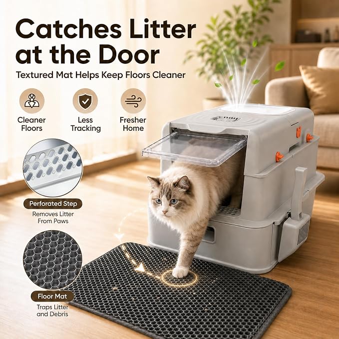 Stainless Steel Enclosed Cat Litter Box with Lid, Front & Top Entry, Drawer & Flip Cover Design, Odor Control Non-Stick Metal Litter Box, Spacious for Large Cats with Scoop and Mat,