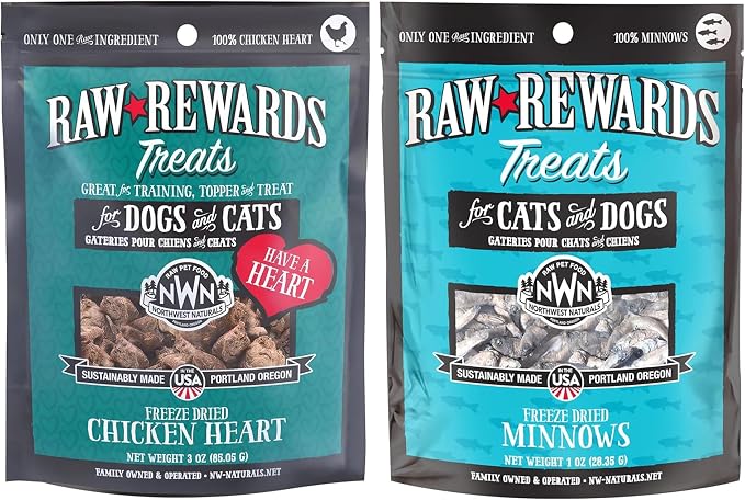 Northwest Naturals Raw Rewards Freeze-Dried Treats - Chicken Hearts (3 oz) & Minnows (1 oz) Treats for Dogs & Cats - Healthy, 1 Ingredient, Human Grade Ingredients, All Natural