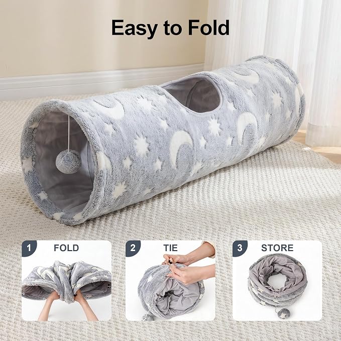 PAWISE Cat Tunnel for Indoor Cats, Glow in Dark Cat Tunnels with Pop-Up, 3-Way Collapsible Cat Play Tunnel Toy for Cats Kittens Rabbits, with Hanging Ball & Bell