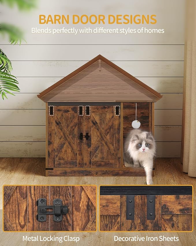 Hzuaneri Cat Litter Box Enclosure, Hidden Litter Box Cabinet Furniture with Bell, Indoor Cats House, Farmhouse Style, 31.5 x 19.7 x 20.9Inches, for Hallway, Bedroom, Rustic Brown and Black CB82401X