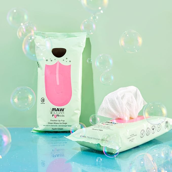 Raw Sugar Dog Wipes, Fur Kids Waterless Pet Wipes, 3 Pack, 60 Ct, Dog Grooming, Cleaning & Deodorizing, with Chamomile & Aloe Vera for Paws, Coat, Face & Ears, Vegan & Animal Test-Free, Apple Cream