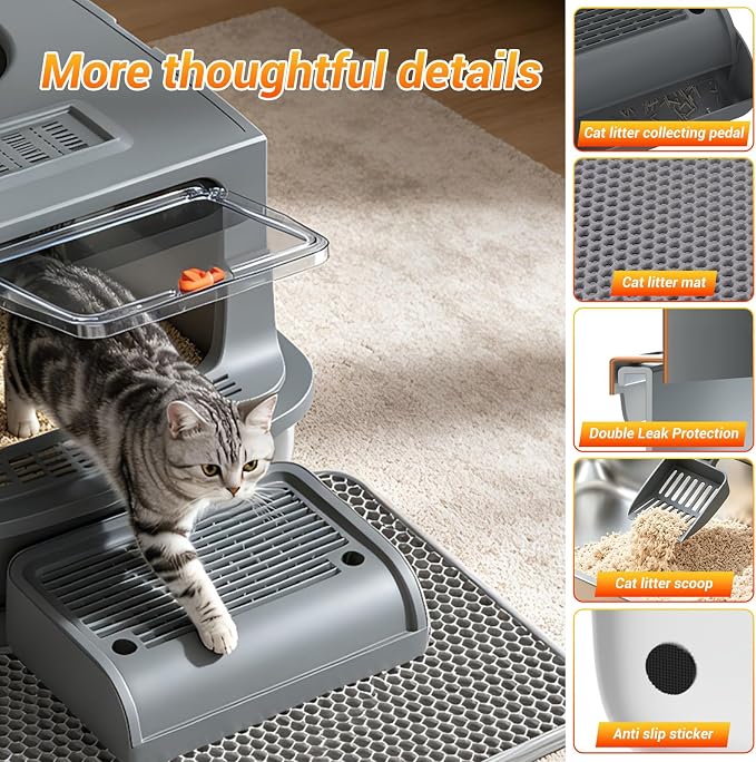Cat Litter Box - Stainless Steel Litter Box with Lid for Large &Kitty,Enclosed Litter Box Includes Litter Scoop, Elevated Step Box, and Activated Carbon Pack, 23.6“ x 16.9” x 16", Dark Gray