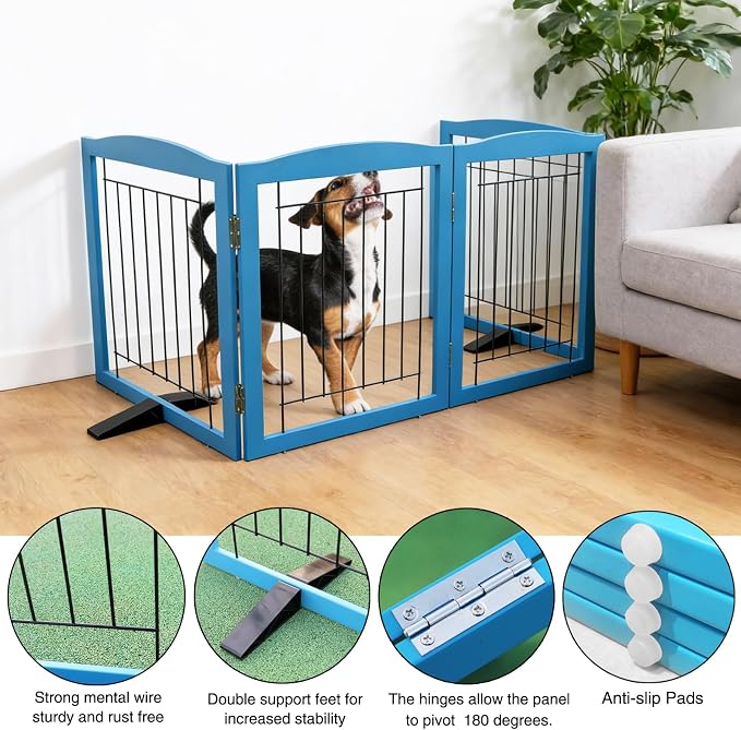 ZJSF Freestanding Dog Fence Indoor, Foldable Dog Gate for Doorways, Stairs or Hallways, Sturdy Wood Extra Wide Pet Gate with Support Feet for The House, Blue, 24 "Height-4 Panels
