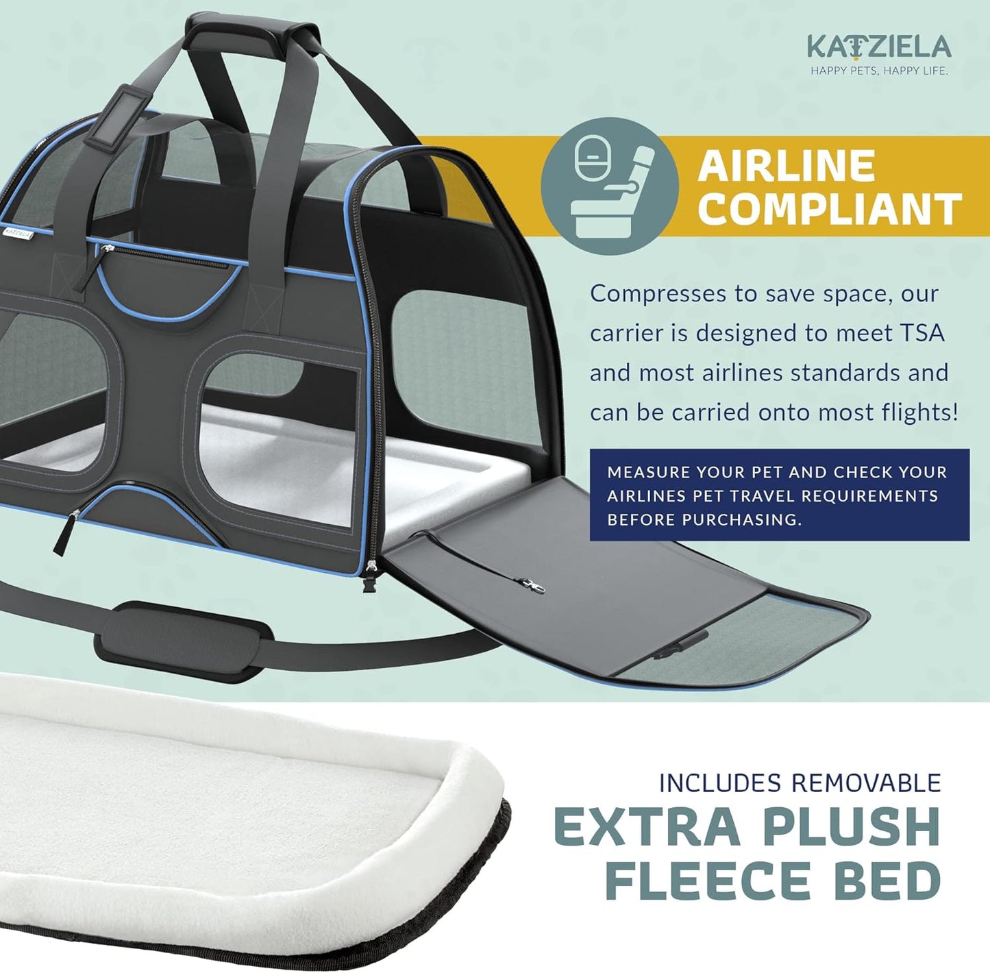 Katziela Pet Carrier - Airline Approved Dog Carrier - TSA Approved Pet Carrier for Small Dogs and Cats - Soft FAA Travel Airplane Dog Carrier Luggage (Black/Blue)