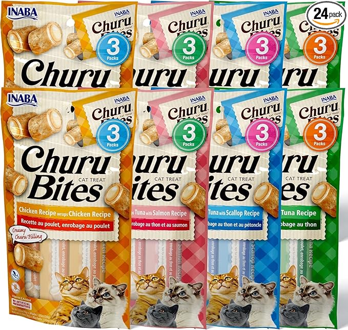 INABA Churu Bites for Cats, Soft Baked Chicken Churu Filled Cat Treats with Green Tea Extract, 0.35 Ounces Each Tube, 24 Tubes Total, 4 Flavor Variety