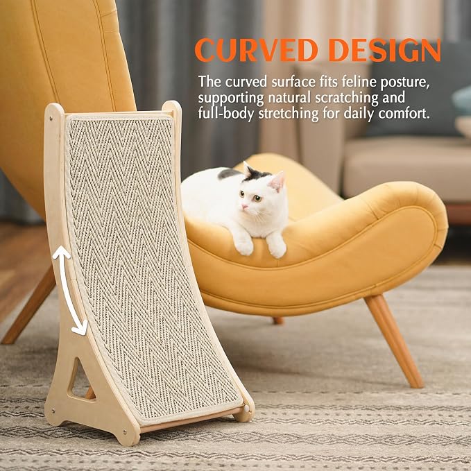 PETKARAY Curved Cat Scratcher, Sisal Kitty Scratching Ramp, L Shape Scratch Pad for Indoor Cats, 25.6" Furniture Protector with Mouse Toy, Chevron Style
