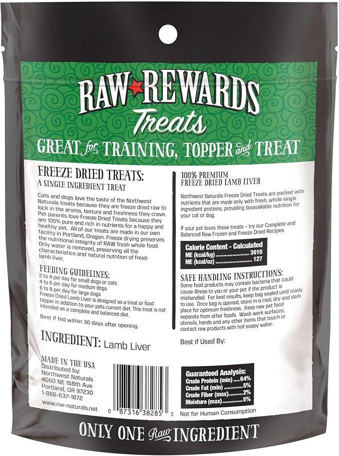 Northwest Naturals Raw Rewards Freeze-Dried Lamb Liver Treats for Dogs and Cats - Bite-Sized Pieces - Healthy, 1 Ingredient, Human Grade Pet Food, All Natural, Proudly Made in USA, 3 Oz