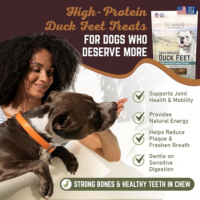 All American Canine 100 Natural Duck Feet Dog Treats– Single Ingredient, Dehydrated & Digestible – Crunchy, Low-Fat, High-Protein Chew for Joint Support & Dental Health – Made in USA