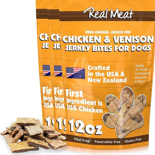 TRMC Real Meat Dog Treats - Three 12oz Bag of Bite-Sized Air-Dried Venison & Chicken Jerky for Dogs - Grain-Free Jerky Treats with 95% Free-Range Venison & Chicken - All-Natural Treats
