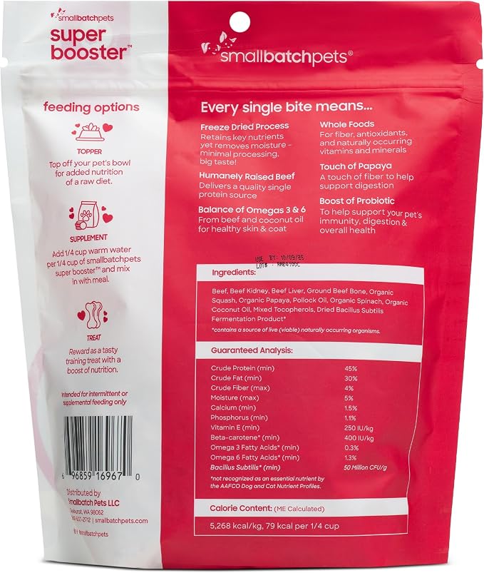 smallbatch Freeze Dried Dog Treats, Superfood Food Topper Beef Bites for Dogs & Cats, Probiotics, Organic Ingredients, High Protein, Grain Free Healthy Treat Food Topper, Made in the USA, 7 oz Bag