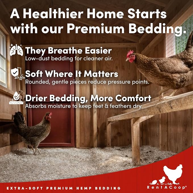 RentACoop Extra-Soft Premium Hemp Bedding 300L – Super Absorbent, Low Dust, Natural Odor Control for Chicken Coops, Nest Boxes, Small Animals, Reptiles & Horses