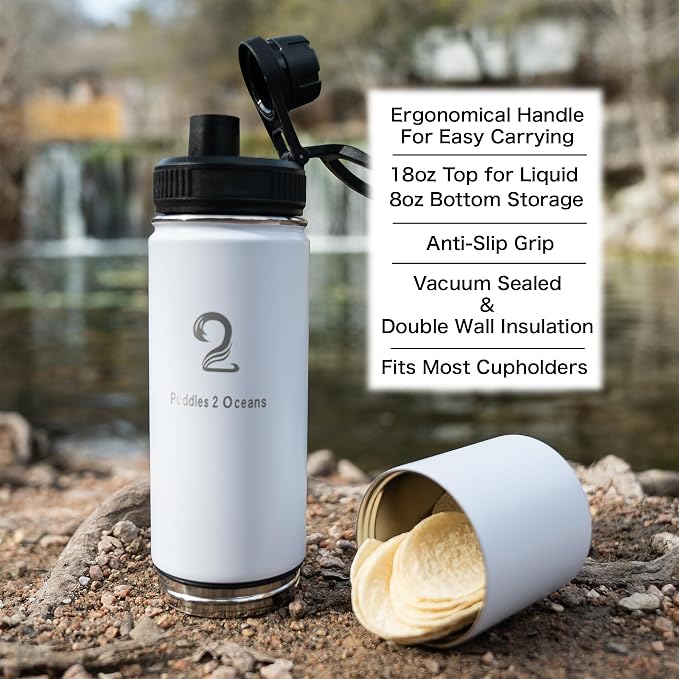 Insulated Water Bottle & Snack Container - Stainless Steel Water Bottle with Storage Compartment, 3 Lid Types BPA Free, Leak & Spill Proof Travel Bottle for Kids & Adults - Snack and Drink Cup