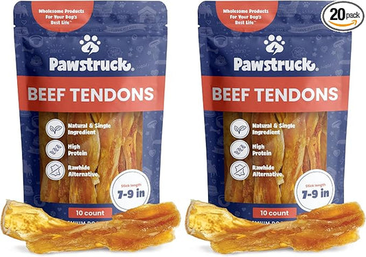 Pawstruck Natural 7-9” Beef Tendon Chew Sticks for Dogs – Premium Rawhide-Free, Single Ingredient, High Protein, Low Odor Dental Treat – 10 Count – Packaging May Vary (Pack of 2)