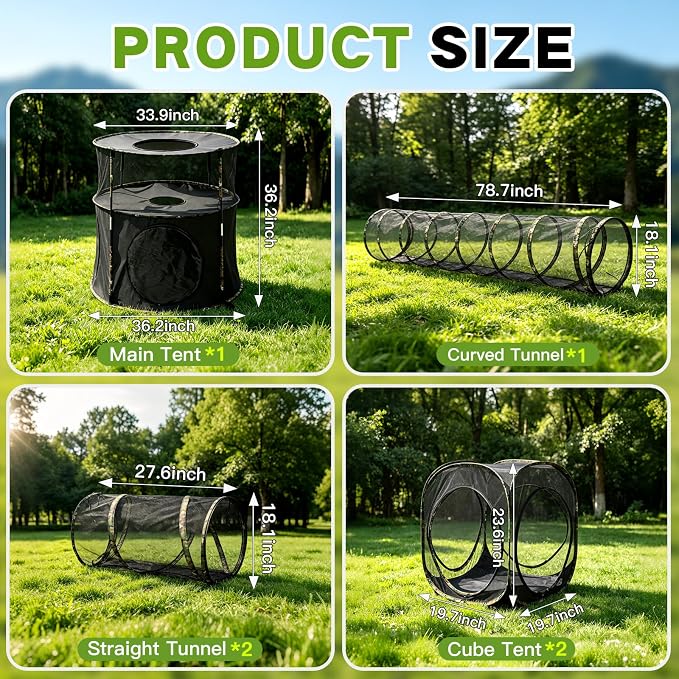 CypherX 6 in 1 Extra Large Outdoor Cat Enclosure, 2-Tier Camouflage Catio Tents and Tunnels for Outside, Pop Up Pet Tower Playpen Tube, Spacious Mesh Cage Playground for Large Breed Cats, Camo