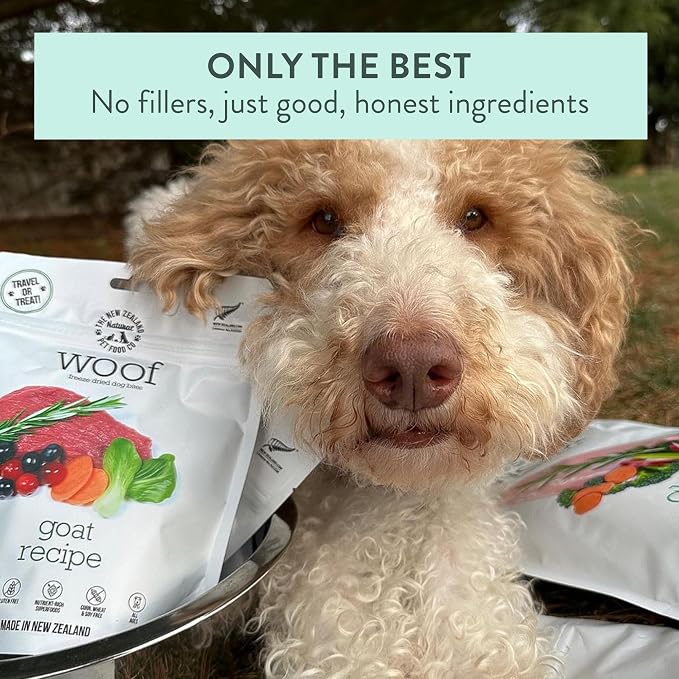 The New Zealand Natural Pet Food Co. Woof Freeze Dried Dog Food - Wild Goat Recipe, High Protein, Complete Diet, Dog Treats, All Life Stages - 1.76 oz