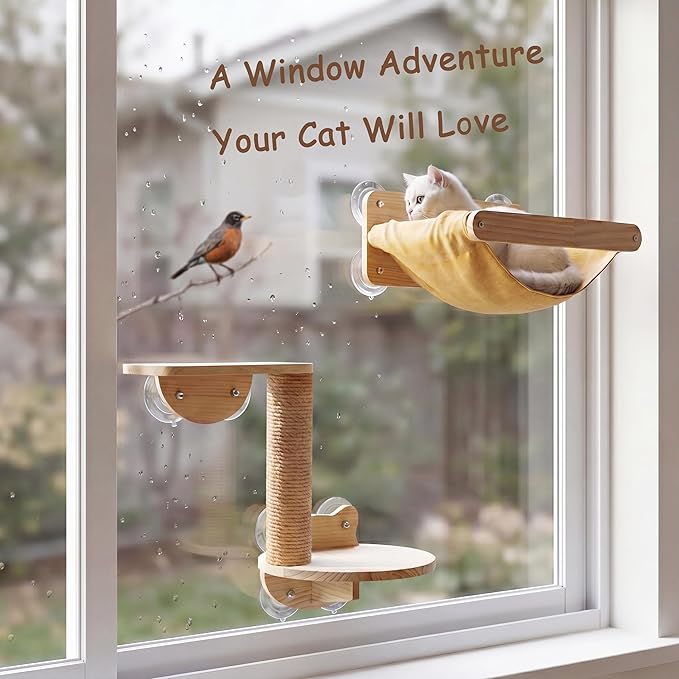 Cat Window Hammock Bed 4pcs/Set Cat Window Perch for Indoor Cats Seat with Two Shelves and One Scratching Post Sunction Cup Mounted