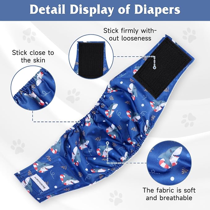 5 Pack Dog Diapers Male, High Absorbing Dog Wraps, Belly Bands for Male Dogs with Incontinence or Frequent Urination, Washable Doggie Diapers Fish S