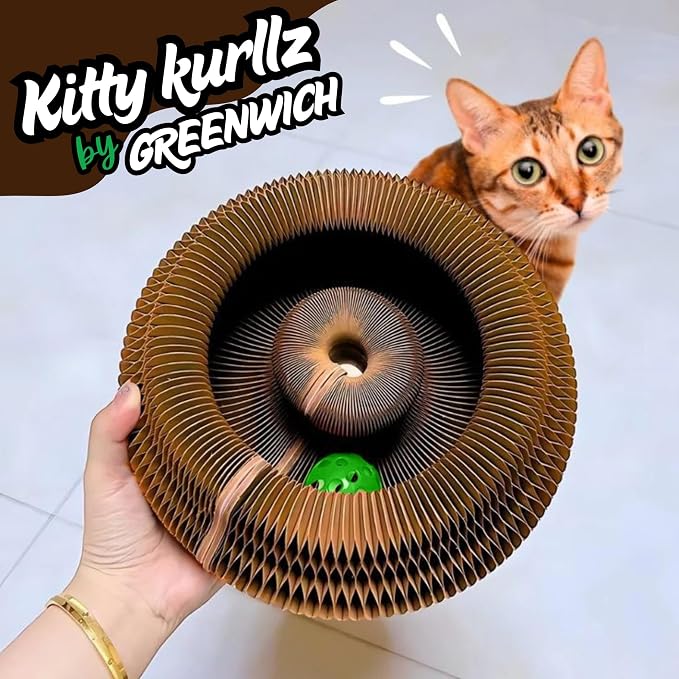 Kitty Kurlz Cat Scratcher Toy - Reversible Magic Organ Foldable Accordion Honeycomb Cardboard Scratching Board with Bell Ball, Interactive Anxiety Relief Exercise Toy for Indoor Cats (3PCS)