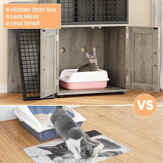 Cat Litter Box Enclosure Furniture with Double Layer Design, Hidden Litter Box & Lounge Villa for Indoor Cats - Includes Ladder, Platform, and Washroom Space for Living Room, Gray