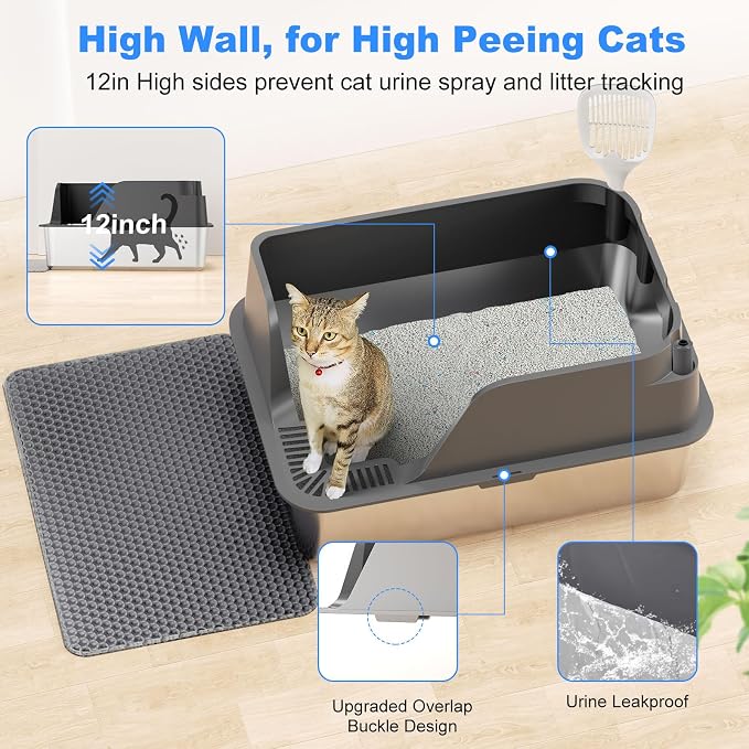 Non-stick Stainless Steel Litter Box, XL Side Opening Splash-Proof & Leak-Proof Seamless Seal, Ellenpent Large Capacity, Cat Litter Box with Lid for Multi-Cats, Large Cats, Easy-Clean & Durable (Gray)