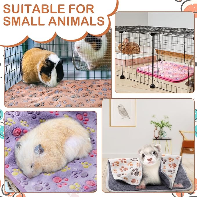 Tudomro 8 Pcs Absorbent Guinea Pig Blankets Washable Small Animal Fleece Bedding Cage Liners Reusable Pet Sleep Mat Pad Cover for Ferret Chinchilla Furniture Protection(Paw,12 x 12 Inch)