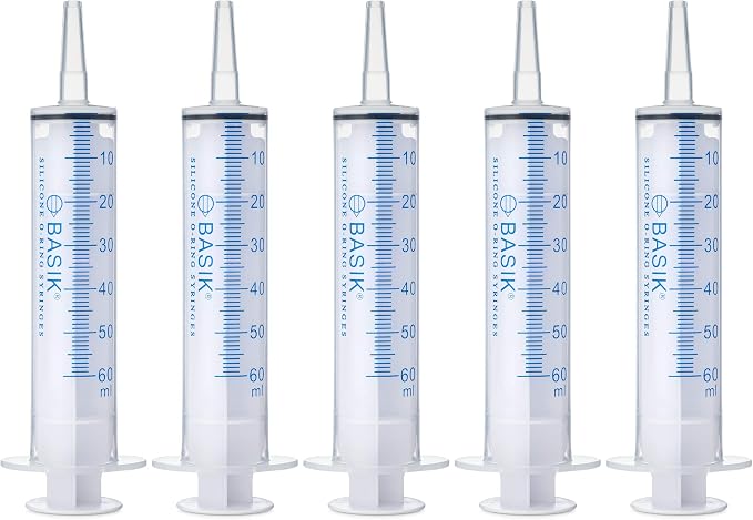 BASIK 60ml Enteral Feeding Syringe Cath Tip 60cc Silicone O-ring Tube Feeding With Caps Craft and Garden Syringe Pet Feeding 5/pack