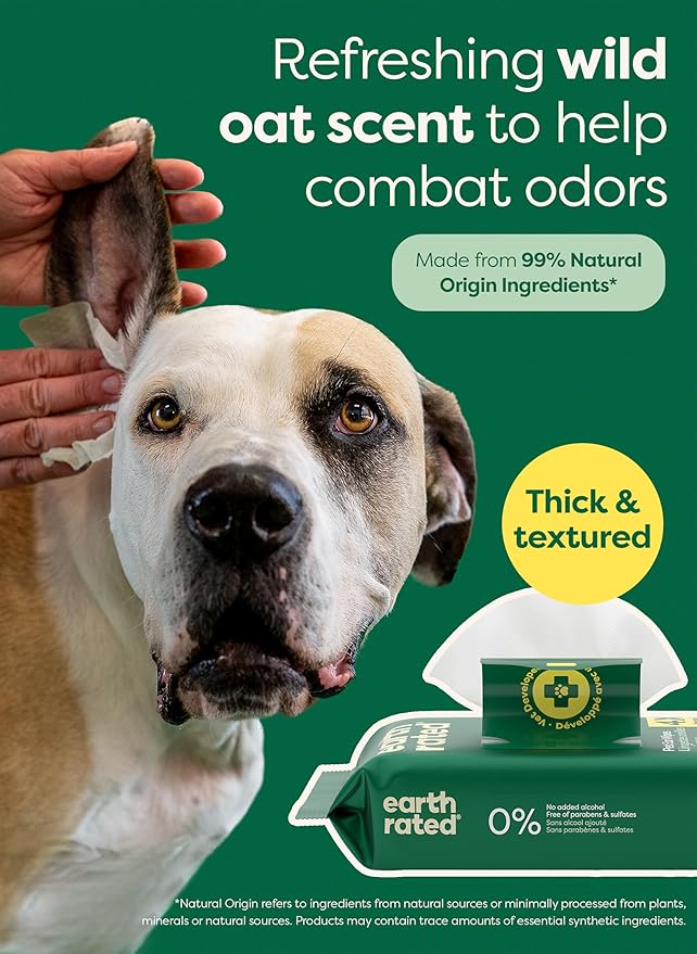 Earth Rated Dog Ear Wipes, Vet-Developed Pet Ear Wipes for Dogs & Cats, Hypoallergenic Cleaner to Remove Dirt and Wax, Wild Oat Scent, 70 Count